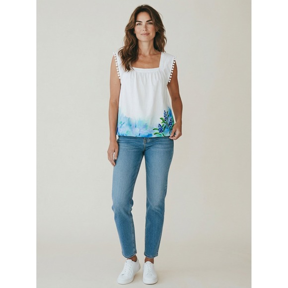 J.Crew Tops - J.Crew Bluebonnet Watercolor Floral Pom Pom Trim Square Neck Top White Blue